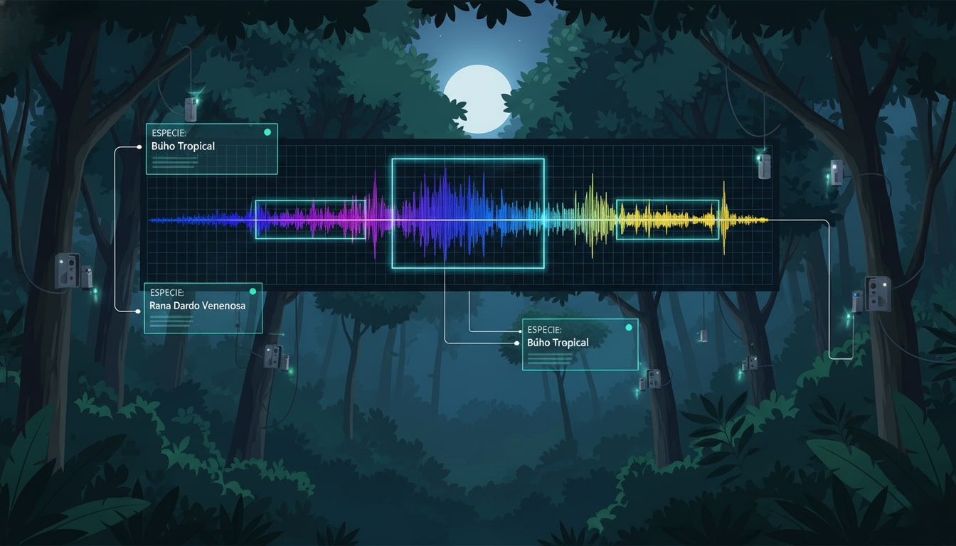 Ilustración de sensores y espectrogramas de sonido usados por IA para estudiar la biodiversidad.